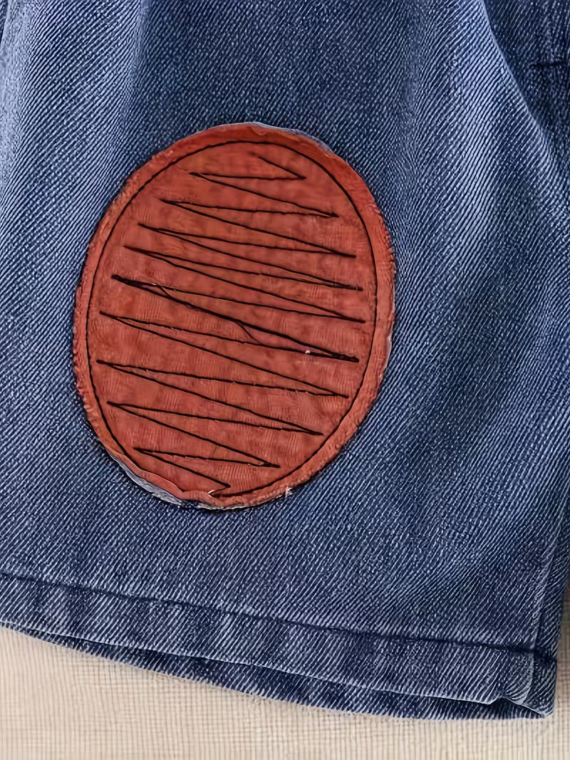 Boys' Fashion 2pcs Set: Orange-Red Round Neck Short Sleeve Top + Patch Denim Shorts