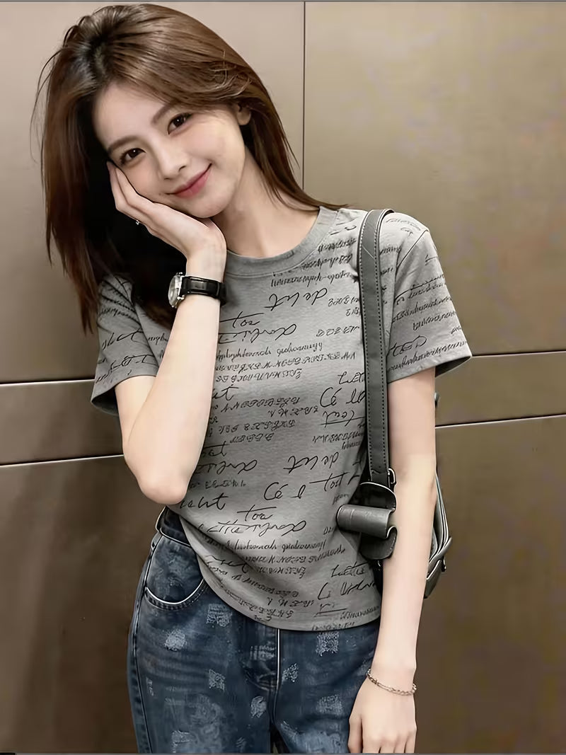 Gray Round Neck Regular Shoulder Short Sleeve Versatile Base Shirt Top