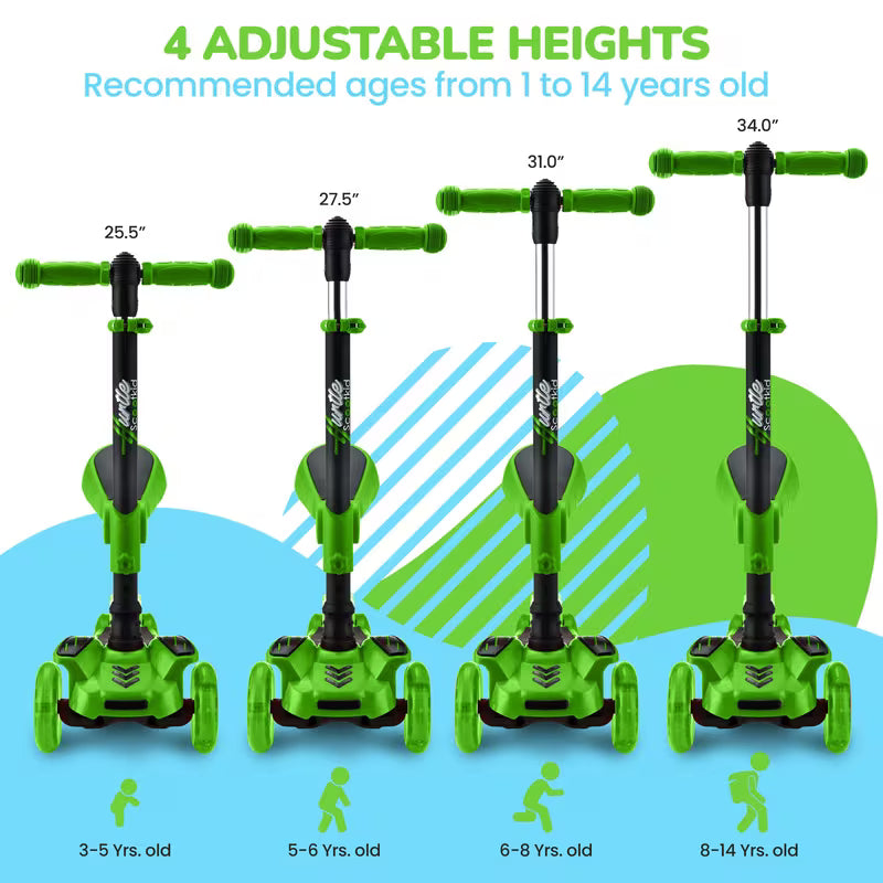 3-Wheeled Scooter for Kids, Hurtle, Wheel LED Lights, Adjustable Lean-to-Steer Handlebar, and Foldable Seat, Sit or Stand Ride with Brake for Boys and Girls Ages 1-14 Years Old, Green