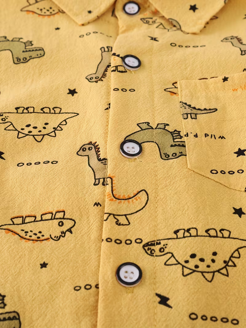 Boys' Dinosaur Print Set with Pocket Long-Sleeve Shirt and Denim Long Pants Yellow