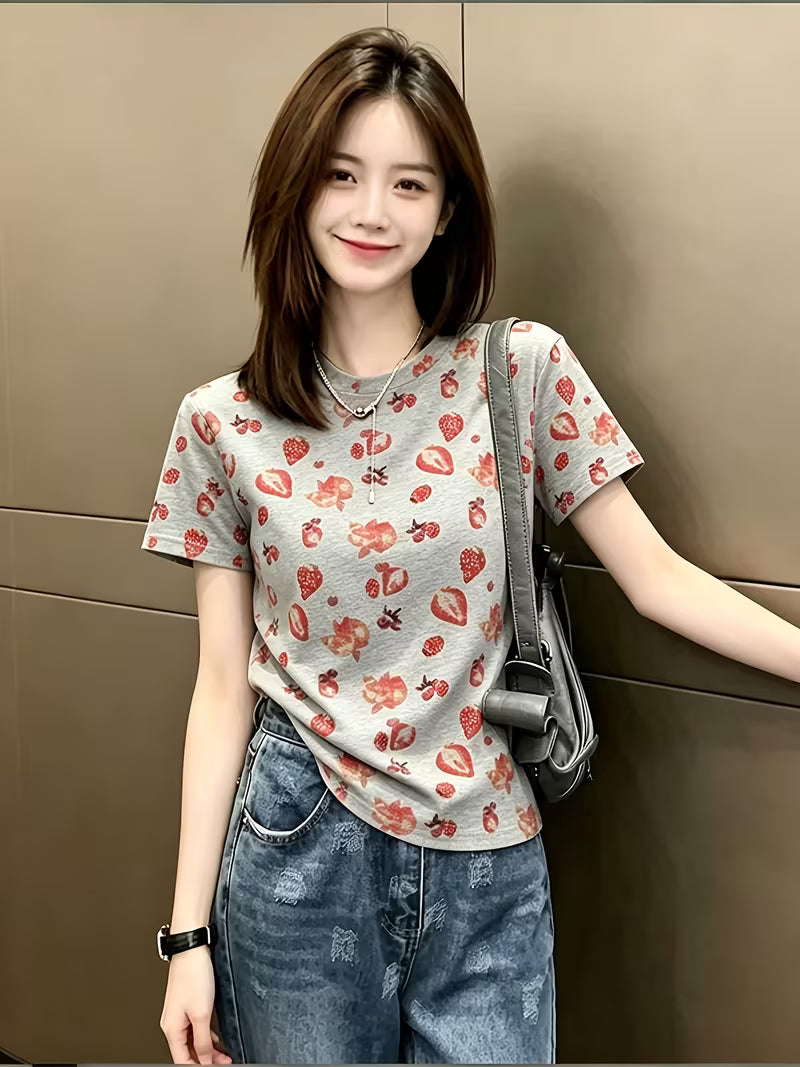 Niche Mori Style Strawberry Straight Shoulder Short-Sleeved T-Shirt