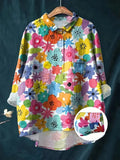 Vintage Cool Floral Art Print Casual Shirt with Pocket