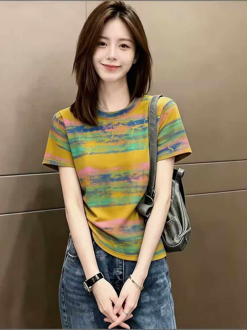 Retro Distressed T-Shirt, Striped Short-Sleeved T-Shirt Yellow