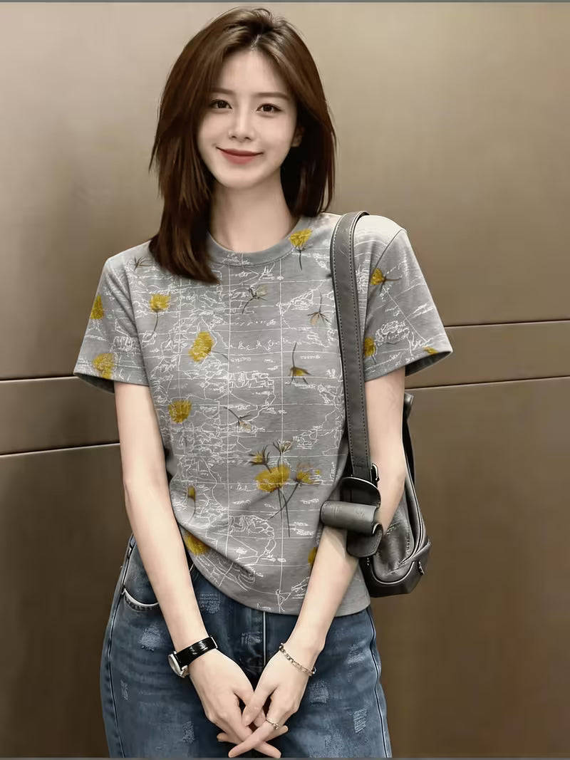 New Arrival Women's Vintage Print Short Sleeve T-Shirt, Artistic Style