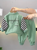 Boys' Turn- Collar Long Sleeve Bear Head Stripe Print Shirt Two-Piece Set Green