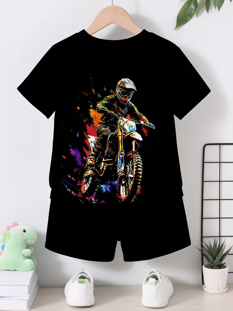 Casual Sports Fashion Cool Off-road Motorcycle Printed Round-neck T-shirt and Shorts Set