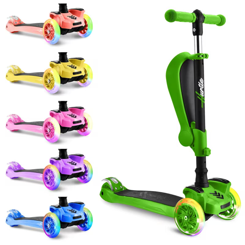 3-Wheeled Scooter for Kids, Hurtle, Wheel LED Lights, Adjustable Lean-to-Steer Handlebar, and Foldable Seat, Sit or Stand Ride with Brake for Boys and Girls Ages 1-14 Years Old, Green