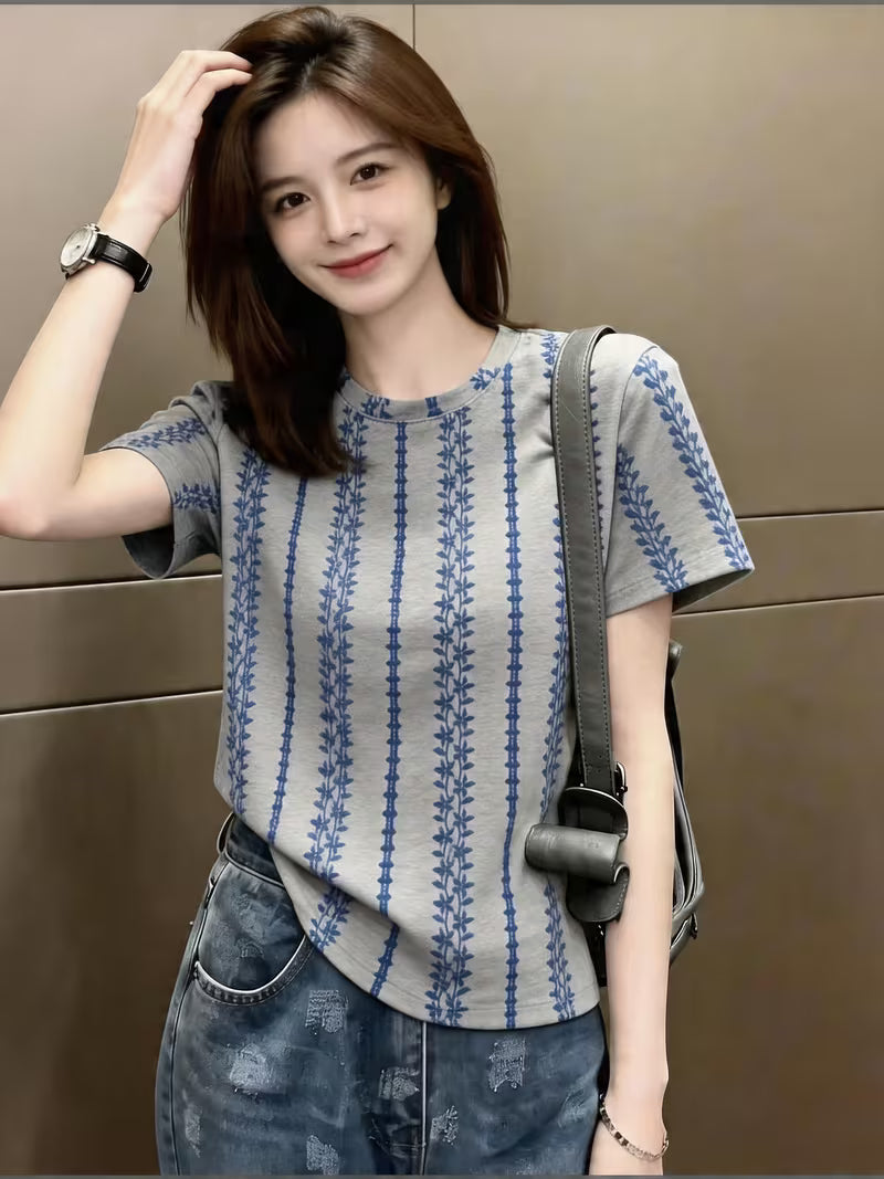 New Chinese Style Blue Pattern Regular Shoulder Short Sleeve T-Shirt