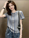 New Chinese Style Blue Pattern Regular Shoulder Short Sleeve T-Shirt