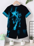 Pullover and Sports Shorts Set, with a Cool Blue Plush Wolf 3D Print