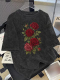 Distressed Washed T-Shirt Features a Red Rose Vintage Floral Print Black