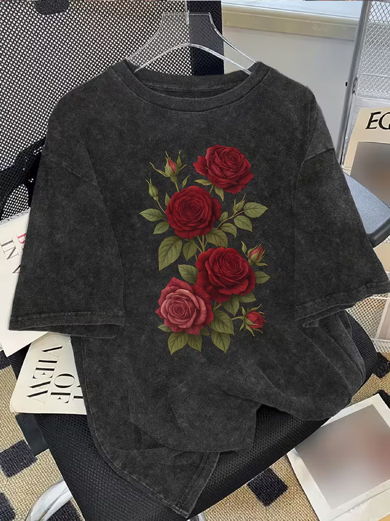 Distressed Washed T-Shirt Features a Red Rose Vintage Floral Print Black