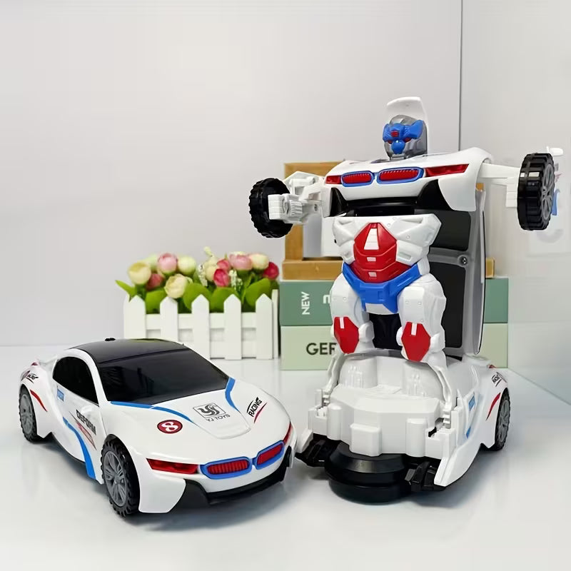 Toy Car, Cool Automatic Transforming Car Toy, White Fashionable Appearance with Cool Lights Music And Omni-Directional Turning Function, Christmas Gift Birthday Gift Party Gift Halloween Gift Holiday Gift.