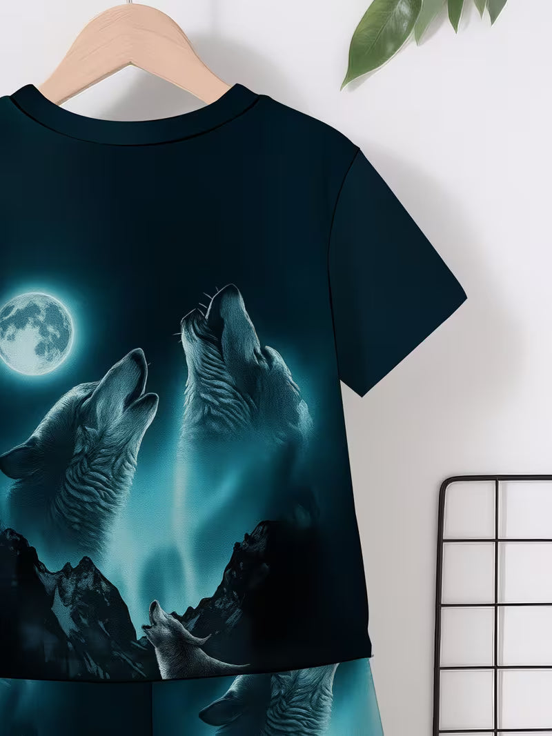 3D Print Cartoon Wolf Graphic Short Sleeve T-Shirt and Shorts Set