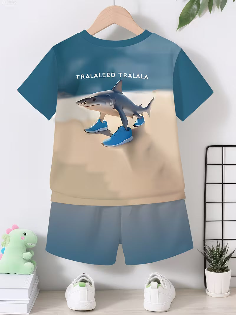 Cool Shark Print Shoes for Boys, Featuring a 3D Design, Along with a Short-Sleeve Pullover