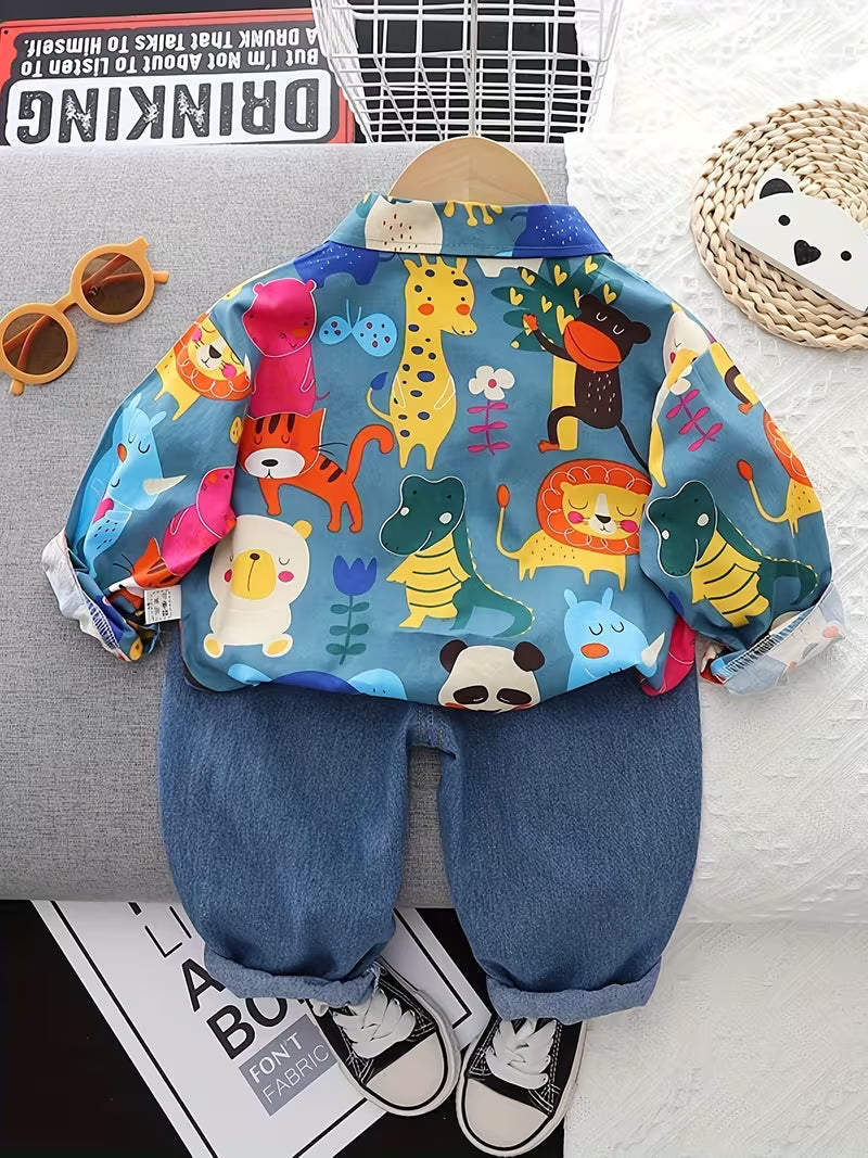 Children's Colorful All-Over Print Animal Long-Sleeved Shirt And Denim Long Pants