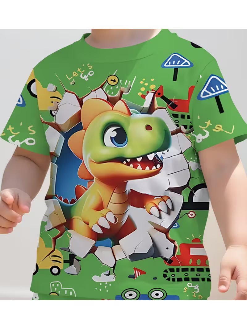 Creative Green Dinosaur Print Short Sleeve T-Shirt and Shorts Set