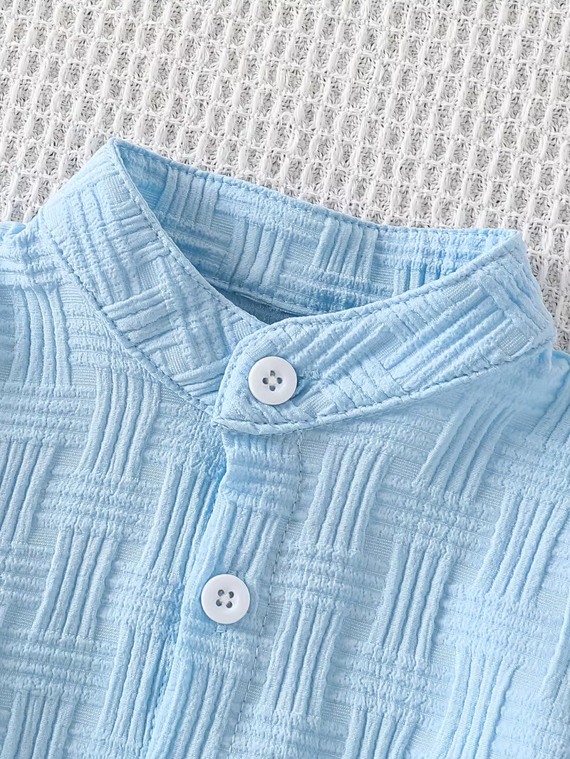 Featuring Stand-Up Collar Textured Short-Sleeved Shirt And Washed Denim Shorts