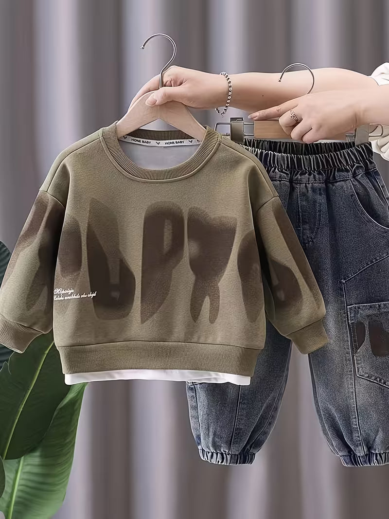 New Fashionable Boy Korean Style Denim Long Pants 2pcs Set Coffee Brown