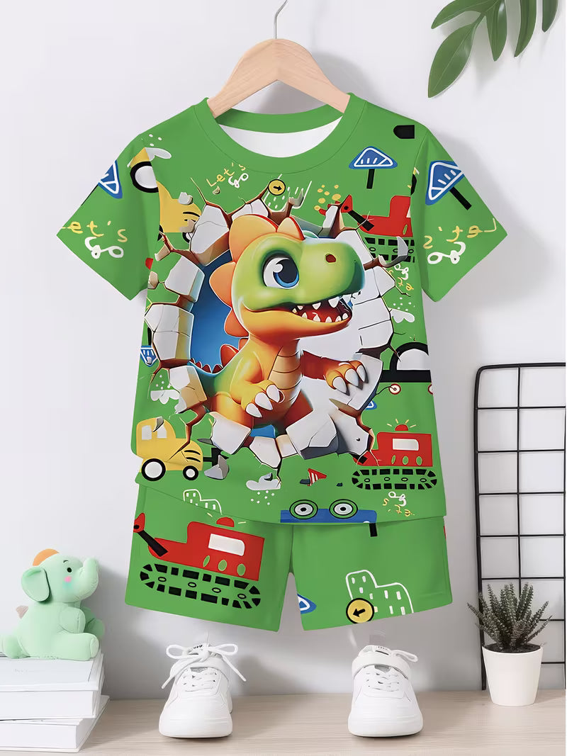 Creative Green Dinosaur Print Short Sleeve T-Shirt and Shorts Set