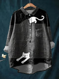 Vintage Black Cat Art Print Casual Shirt with Pocket