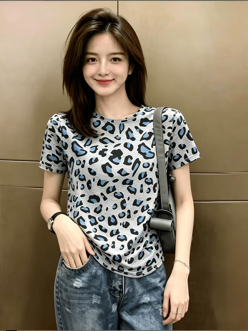 Women's Leopard Print Short Sleeve T-Shirt for Daily Commuting