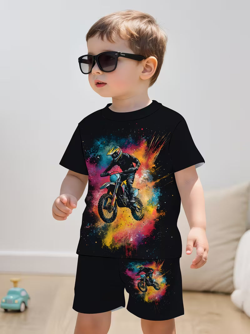 Colorful Motorcycle Pattern 3D Print Design, Short-Sleeve Pullover Shirt