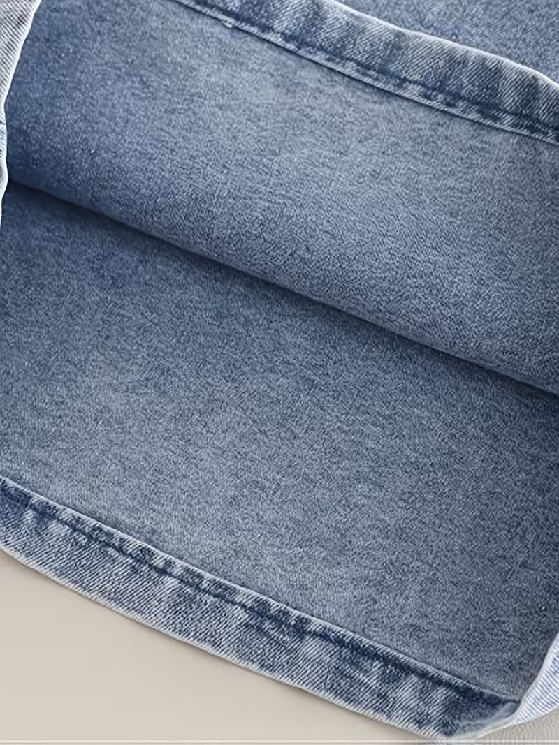 Casual Denim Set, Round Neck Short Sleeve Top + Denim Shorts 2pcs Outfit