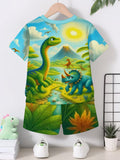 Casual Fashion Short-Sleeve T-Shirt Set, Digital Print, Creative Jungle Dinosaur Print Design