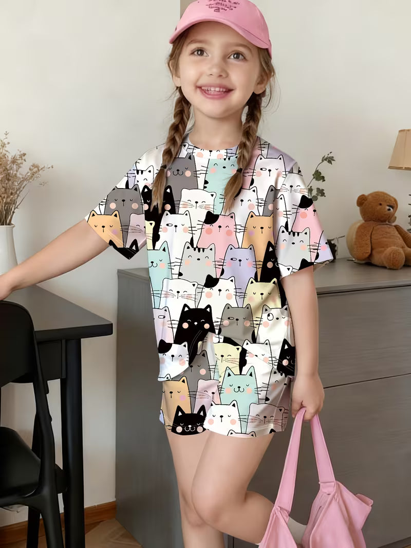 Cartoon Cat Print Sportswear, Celebrity Style, Suitable for Spring/summer