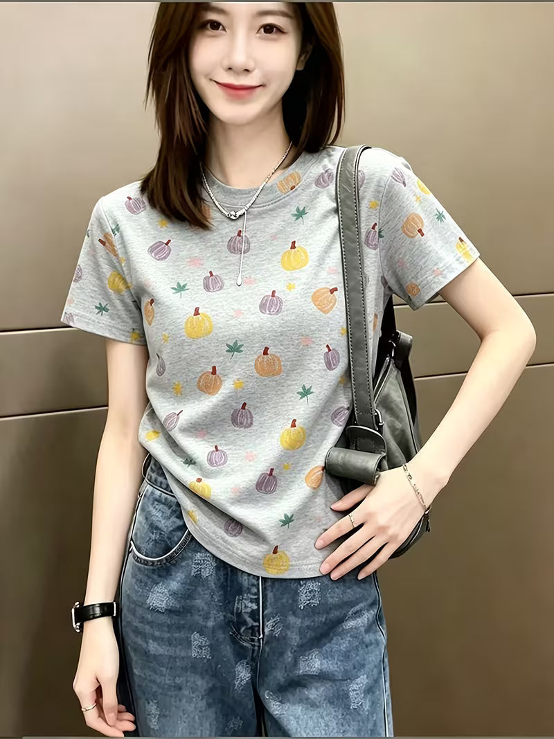 Forest-Style Energetic Pumpkin Drop-Shoulder Short-Sleeve T-Shirt