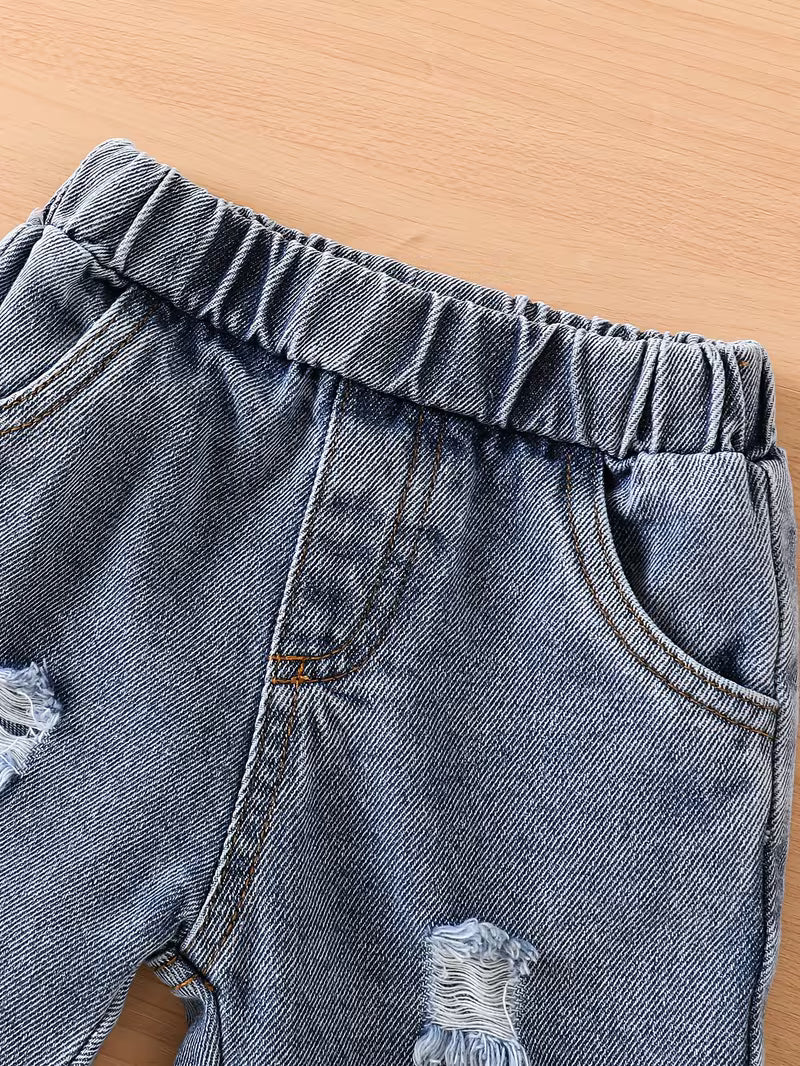 2pcs Baby Boy White Textured T-Shirt + Ripped Denim Shorts Set