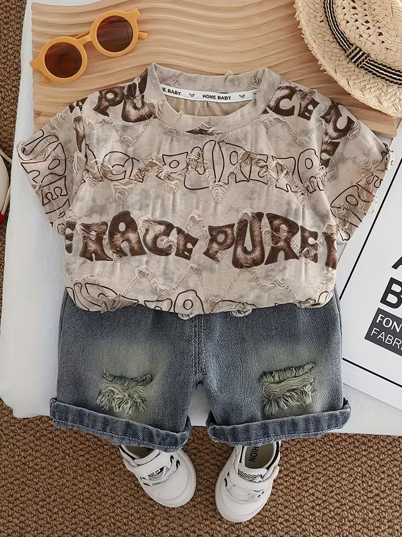 Boys' Short Sleeve And Shorts 2pcs Set, Letter Print Design Khaki