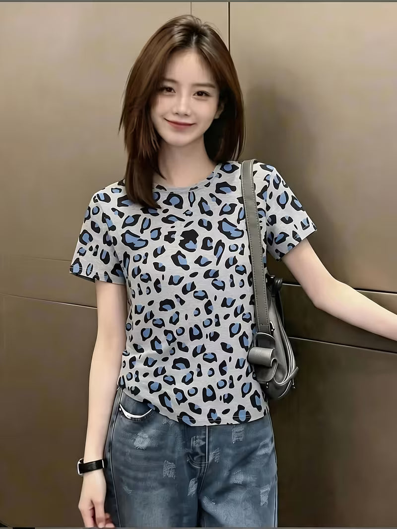 Women's Leopard Print Short Sleeve T-Shirt for Daily Commuting