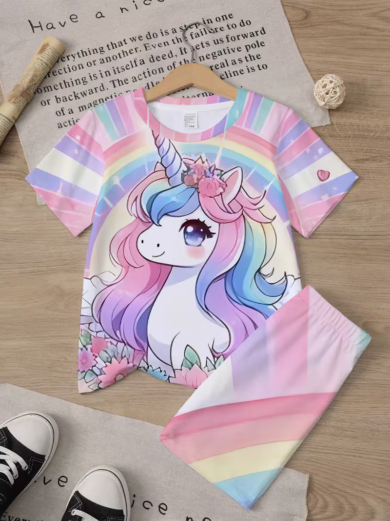 Children's Unicorn Girl Spring/Summer Outdoor T-Shirt and Shorts Set