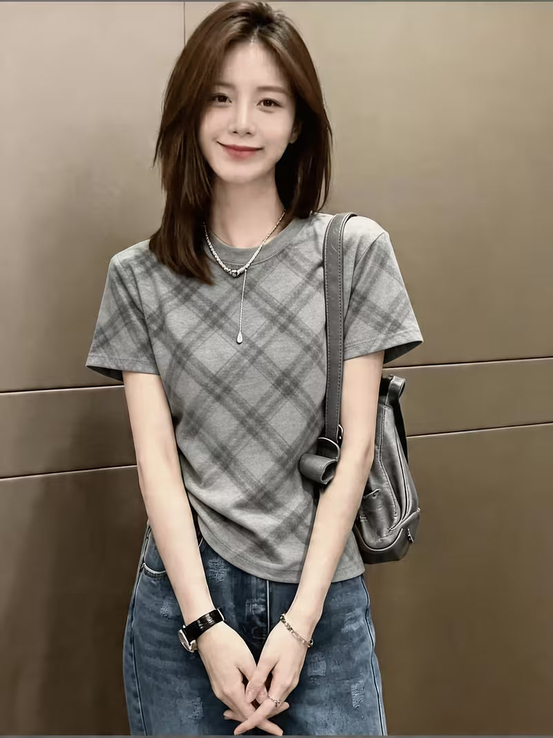 Luxury British Plaid Straight Shoulder Short-Sleeved T-Shirt