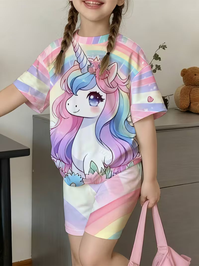 Children's Unicorn Girl Spring/Summer Outdoor T-Shirt and Shorts Set
