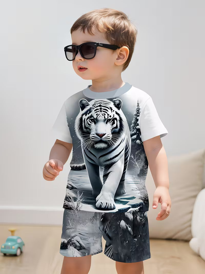 Boys' and Infants' Casual Sporty Stylish Snow Forest White Tiger Print Crew Neck T-shirt and Shorts Set