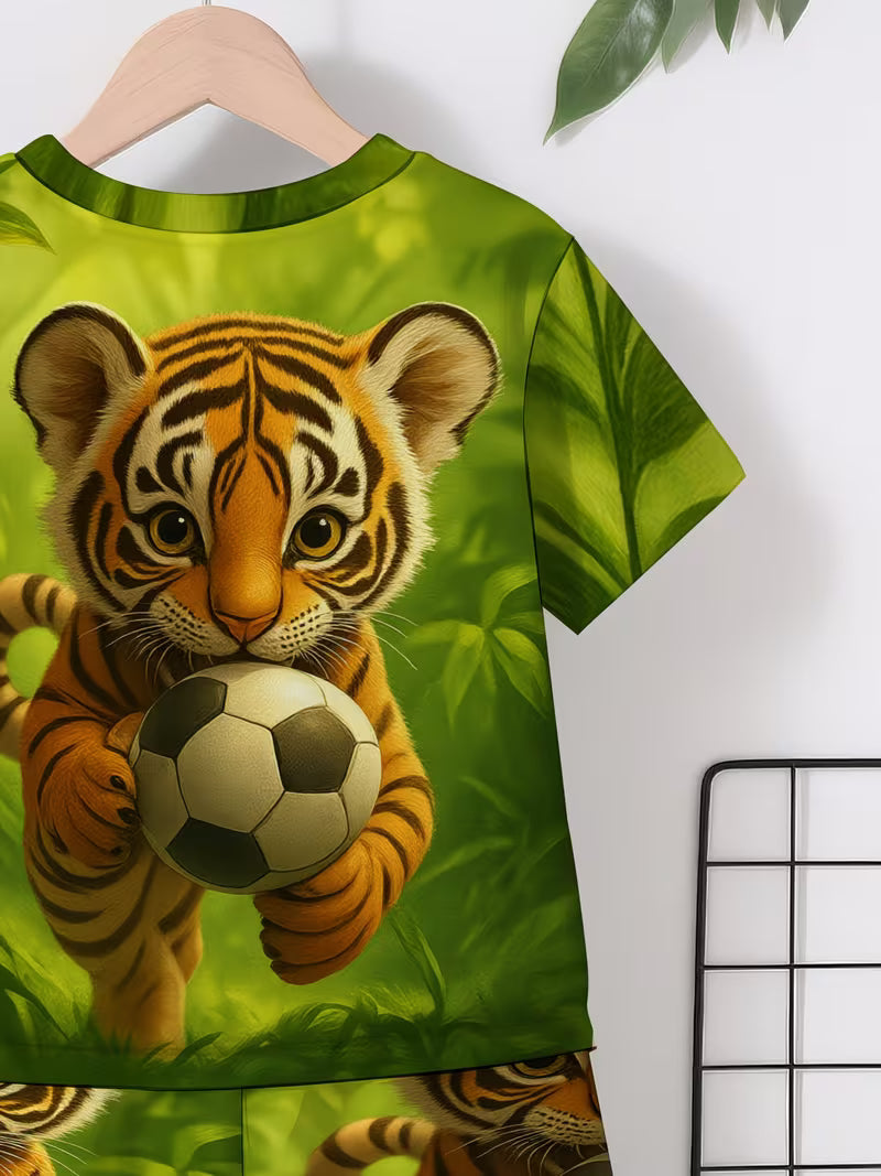 2pcs Set 3D Print Jungle Tiger Football Design Short Sleeve Pullover Shirt