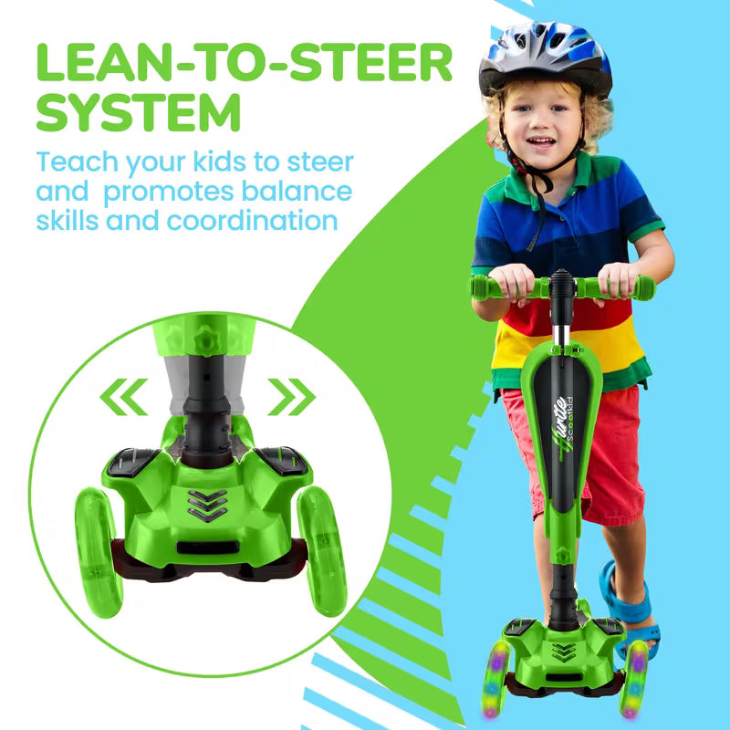 3-Wheeled Scooter for Kids, Hurtle, Wheel LED Lights, Adjustable Lean-to-Steer Handlebar, and Foldable Seat, Sit or Stand Ride with Brake for Boys and Girls Ages 1-14 Years Old, Green