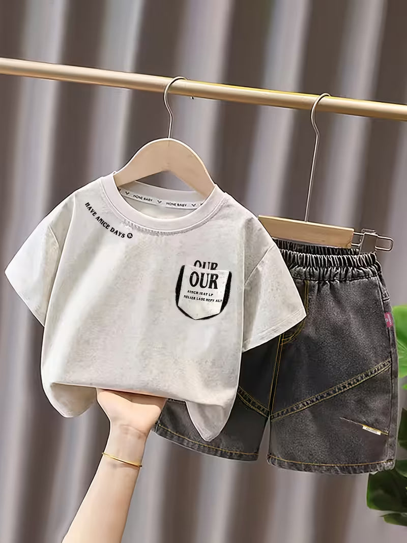 Short-Sleeve Tops And Denim Shorts Set for Boys And Girls