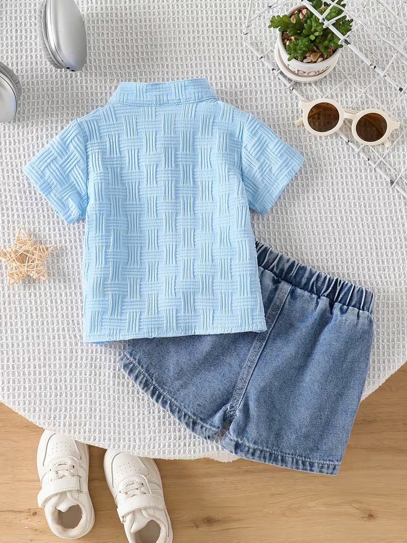 Featuring Stand-Up Collar Textured Short-Sleeved Shirt And Washed Denim Shorts