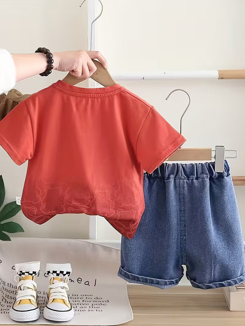 Boys' Fashion 2pcs Set: Orange-Red Round Neck Short Sleeve Top + Patch Denim Shorts