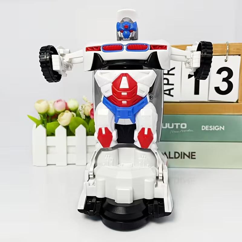 Toy Car, Cool Automatic Transforming Car Toy, White Fashionable Appearance with Cool Lights Music And Omni-Directional Turning Function, Christmas Gift Birthday Gift Party Gift Halloween Gift Holiday Gift.