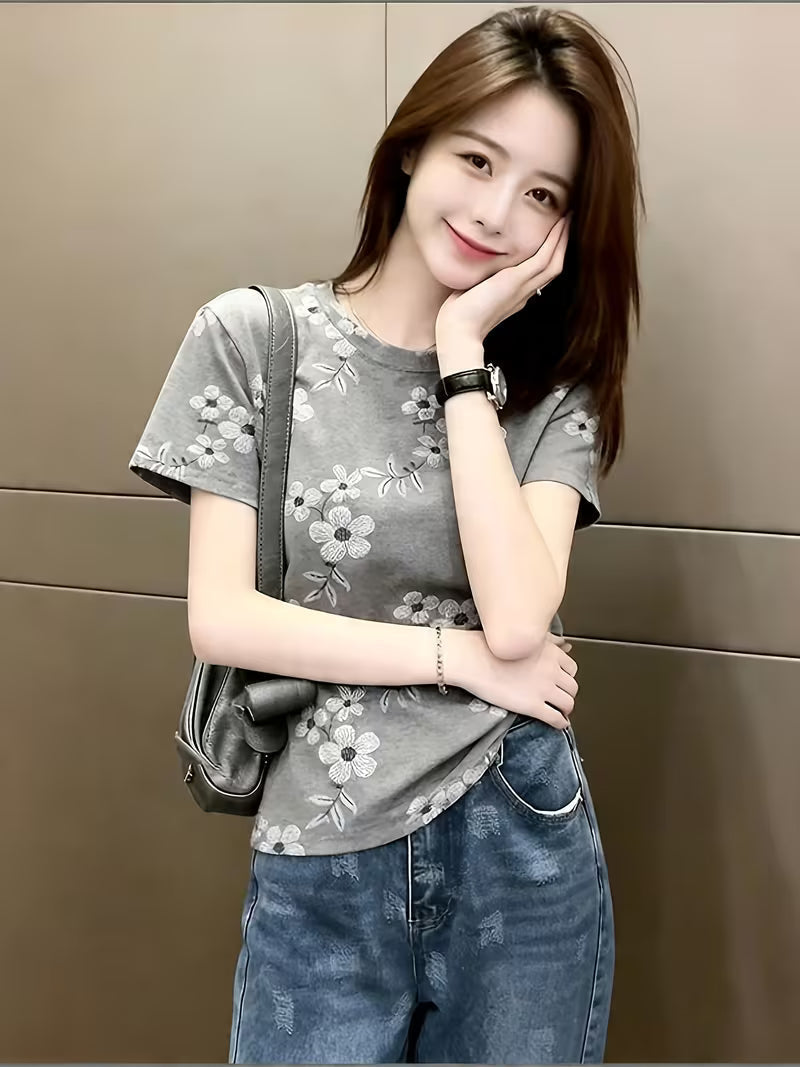 New Arrival Women's Vintage Print Short Sleeve T-Shirt