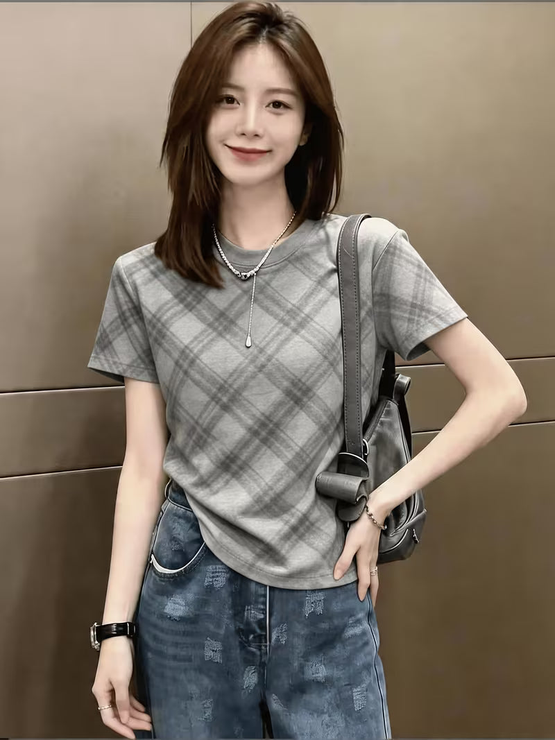 Luxury British Plaid Straight Shoulder Short-Sleeved T-Shirt