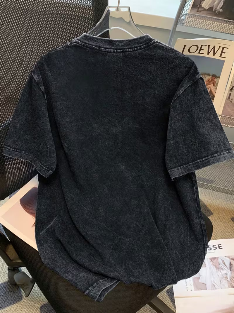 Women'S Trendy Vintage Washed Short-Sleeve Top with Letter Print And Round Neck T-Shirt