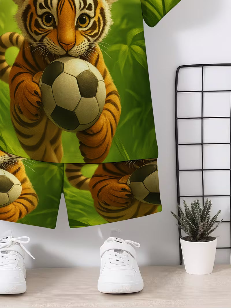 2pcs Set 3D Print Jungle Tiger Football Design Short Sleeve Pullover Shirt