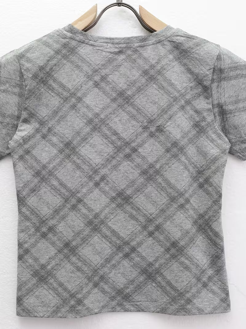 Luxury British Plaid Straight Shoulder Short-Sleeved T-Shirt