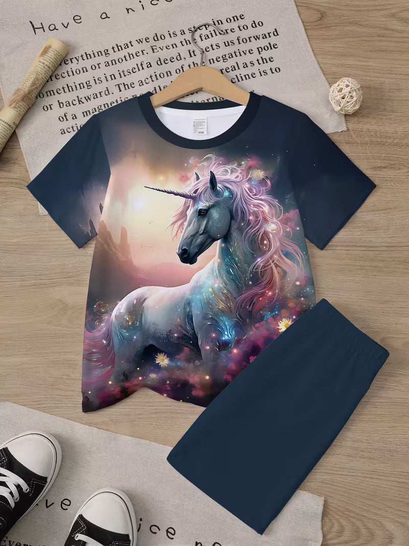 Unicorn Shorts Set Cool Starry Sky Streamer Unicorn Print Short-Sleeved Set